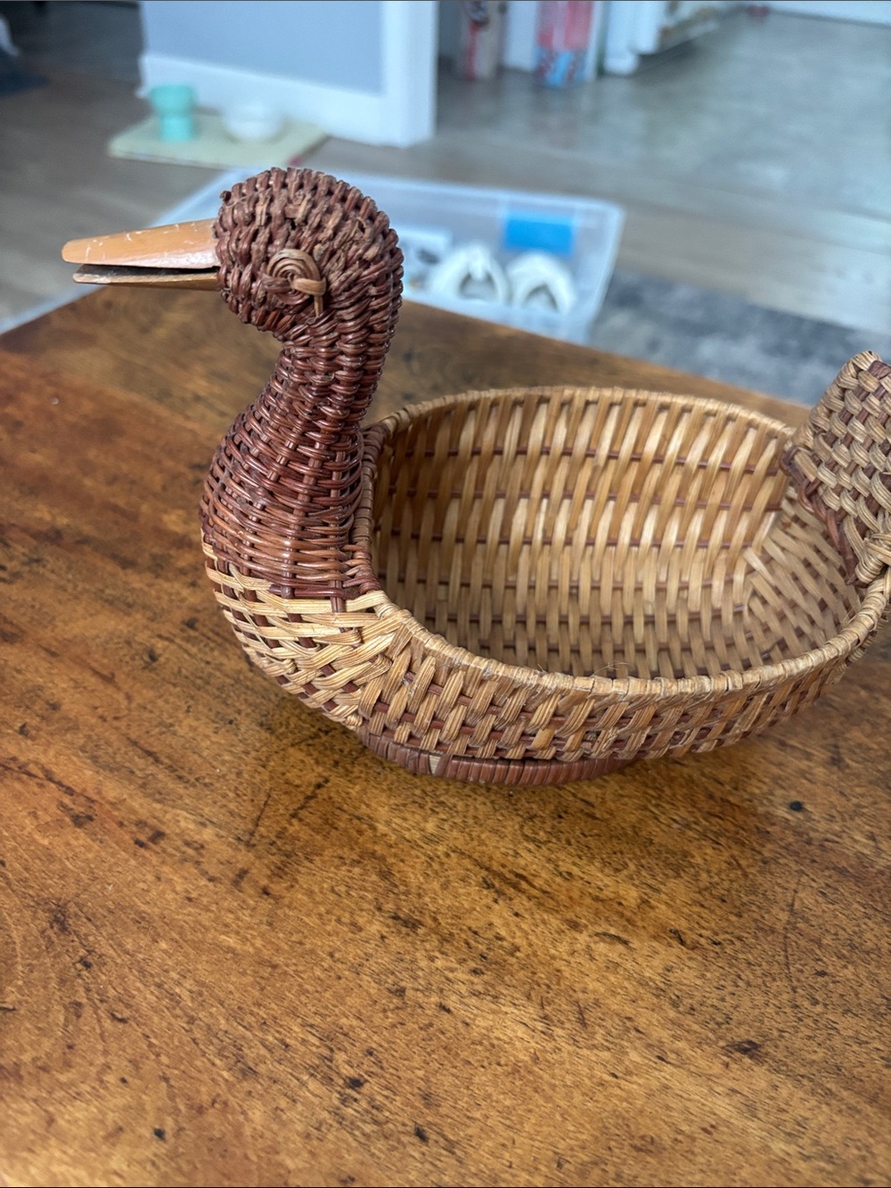 Vintage Mid Century Modern Quirky Handwoven Duck Small Decorative Basket